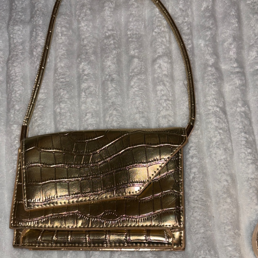 Gold Crocodile Embossed Shoulder Bag